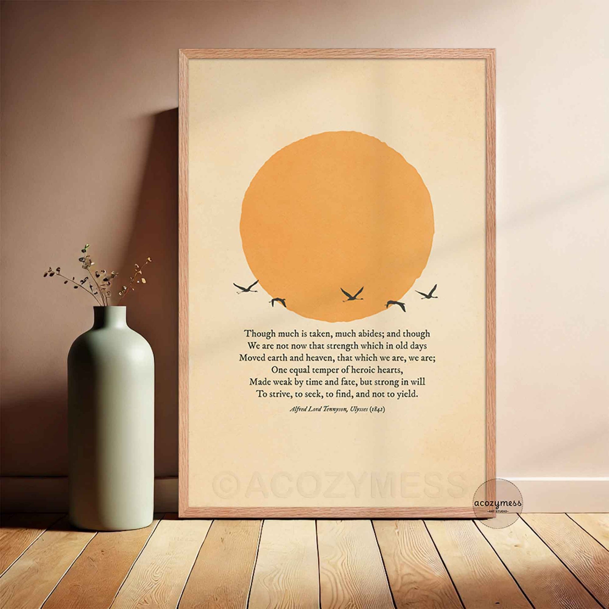Ulysses poem wall art in oakwood frame with beige background, sun and flying birds