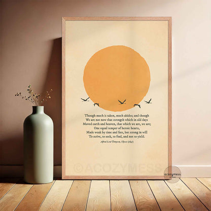 Ulysses poem wall art in oakwood frame with beige background, sun and flying birds