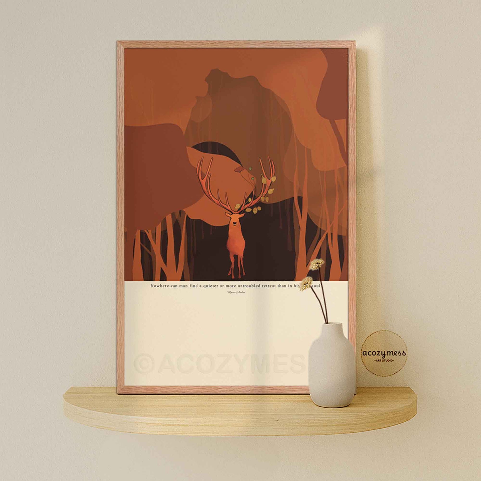 Marcus Aurelius retreat quote poster with deer and forest illustration displayed in an oakwood frame, warm natural finish.