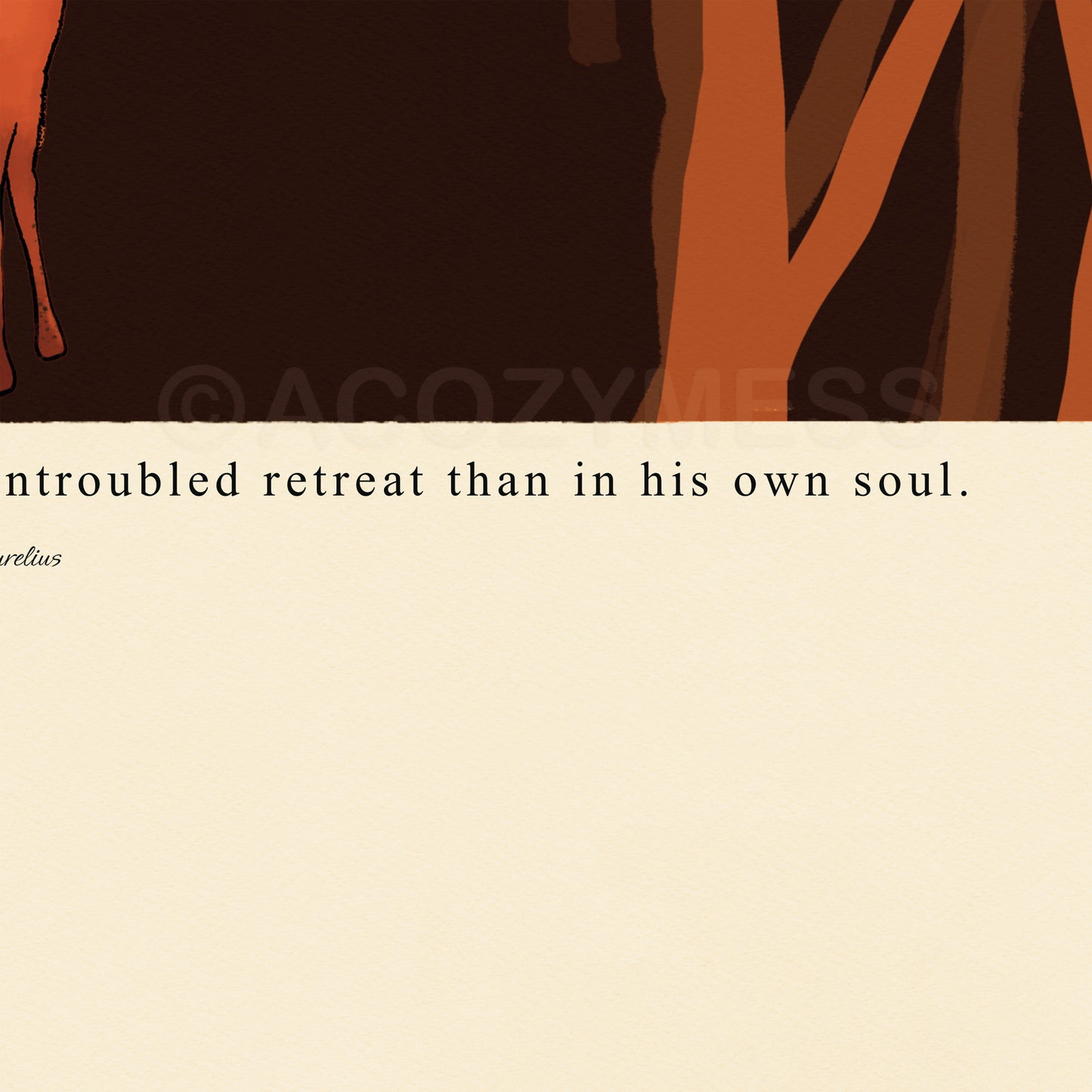 Close-up of Marcus Aurelius quote poster reading “Nowhere can a man find a quieter or more untroubled retreat than in his own soul” with deer and forest illustration on beige background.