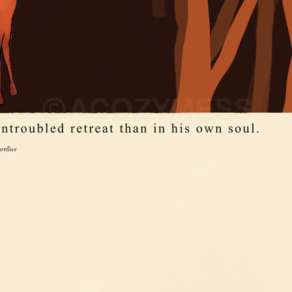 Close-up of Marcus Aurelius quote poster reading “Nowhere can a man find a quieter or more untroubled retreat than in his own soul” with deer and forest illustration on beige background.