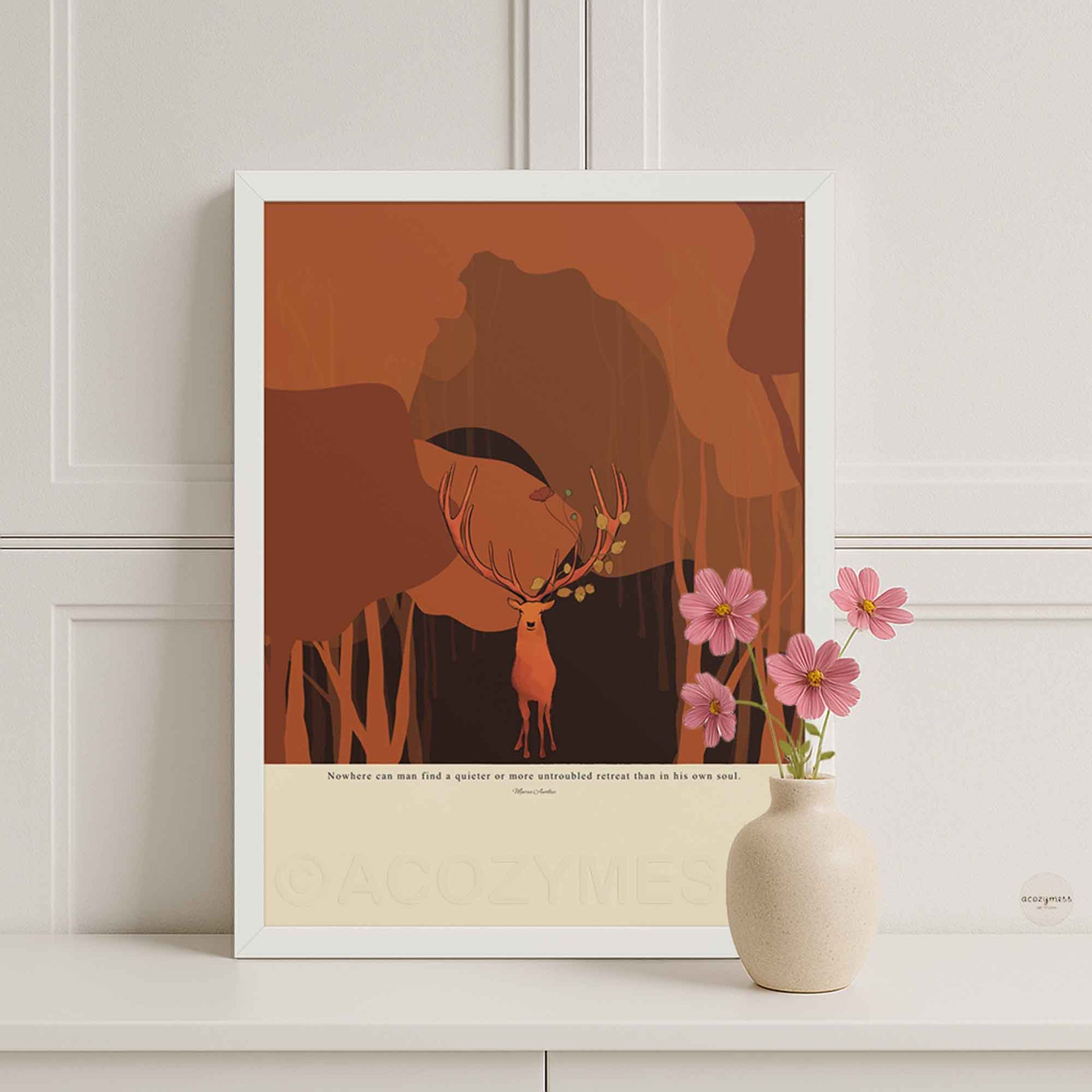 Marcus Aurelius quote poster with deer illustration shown in a clean white frame for a soft, neutral look.
