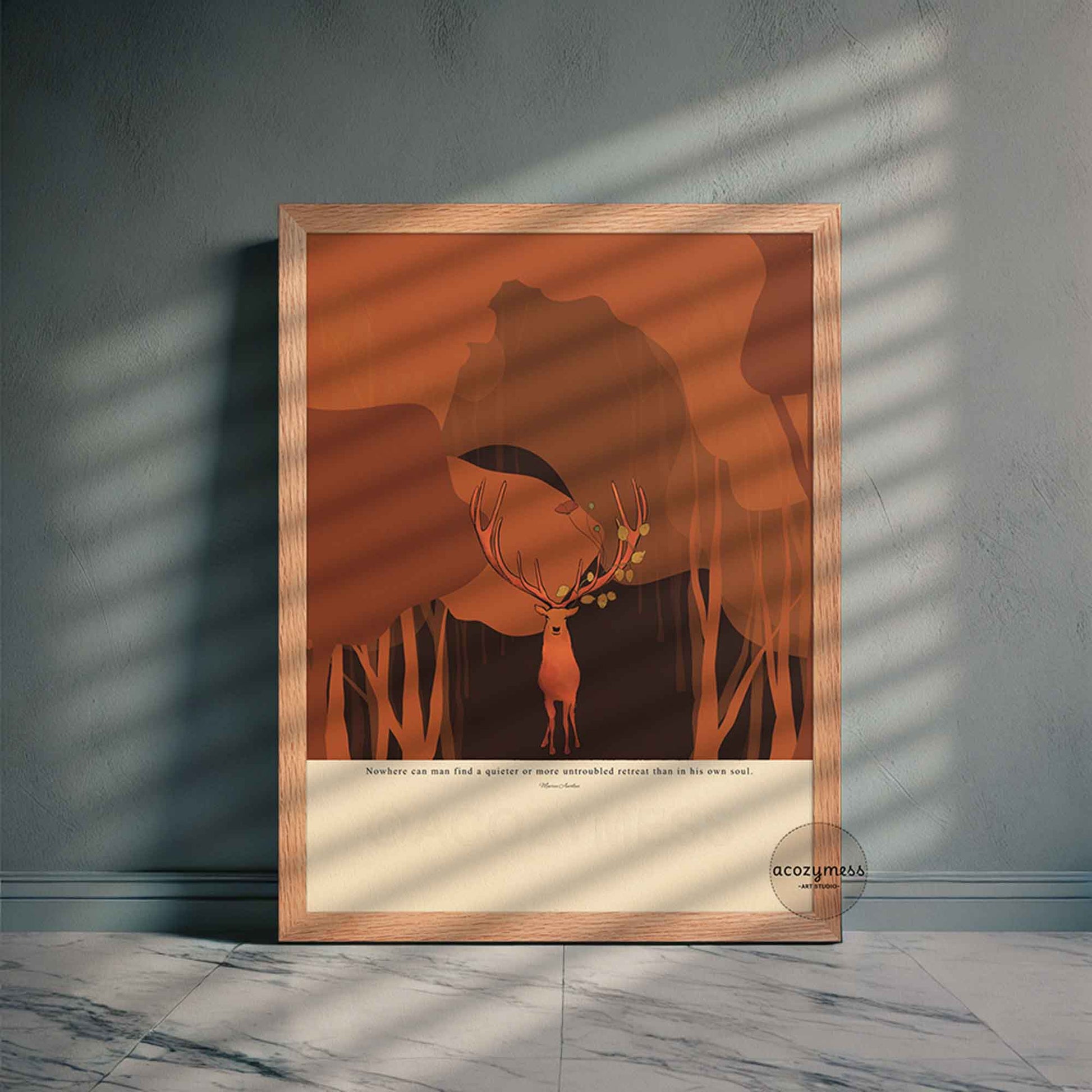 Marcus Aurelius retreat quote poster featuring a deer and forest illustration, shown in an oakwood frame with a warm, natural look.
