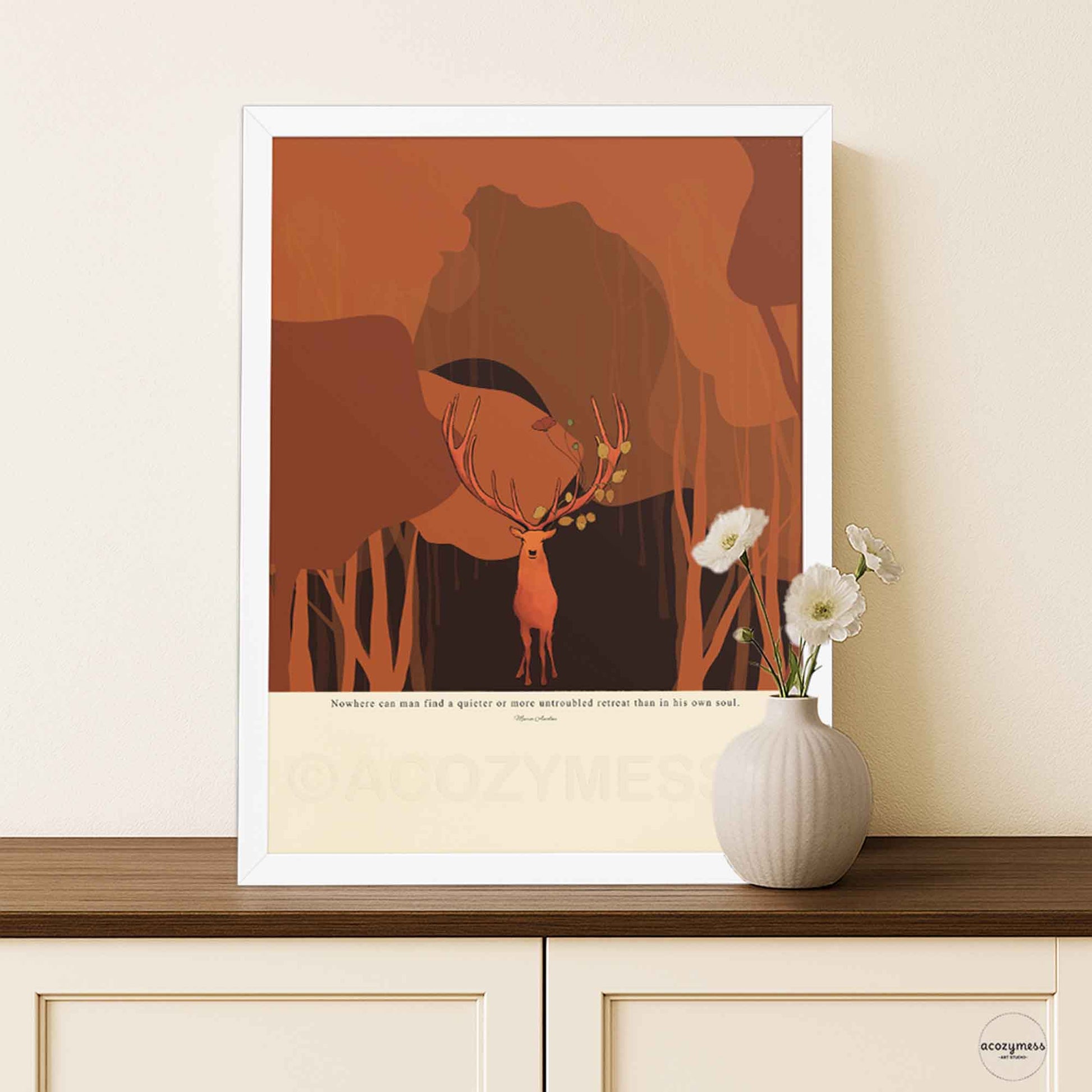 Marcus Aurelius forest retreat quote poster with deer illustration shown in a clean white frame for a soft, neutral look.
