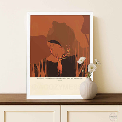 Marcus Aurelius forest retreat quote poster with deer illustration shown in a clean white frame for a soft, neutral look.
