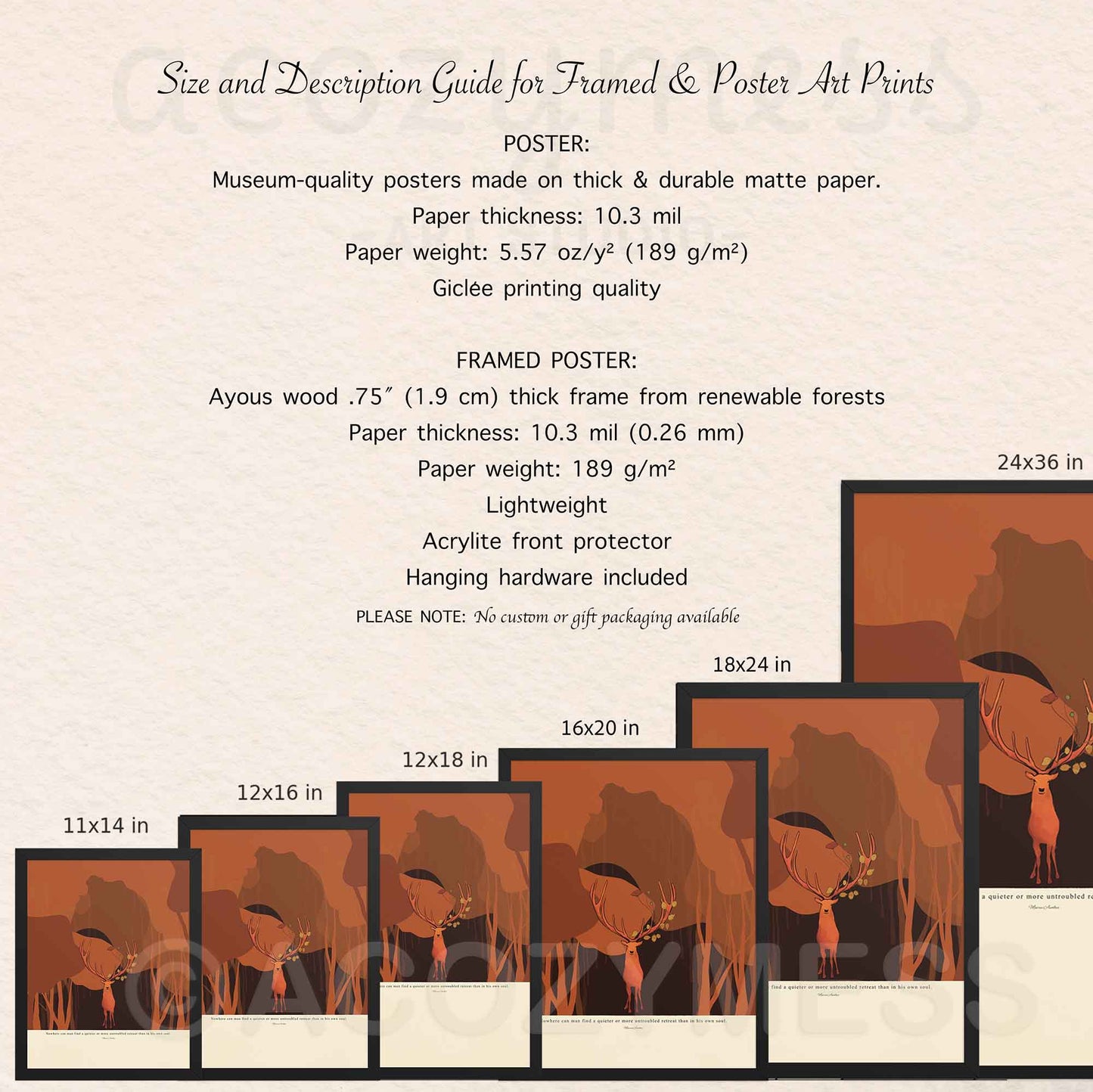 Poster size guide and product details for Marcus Aurelius quote wall art featuring deer in forest design.