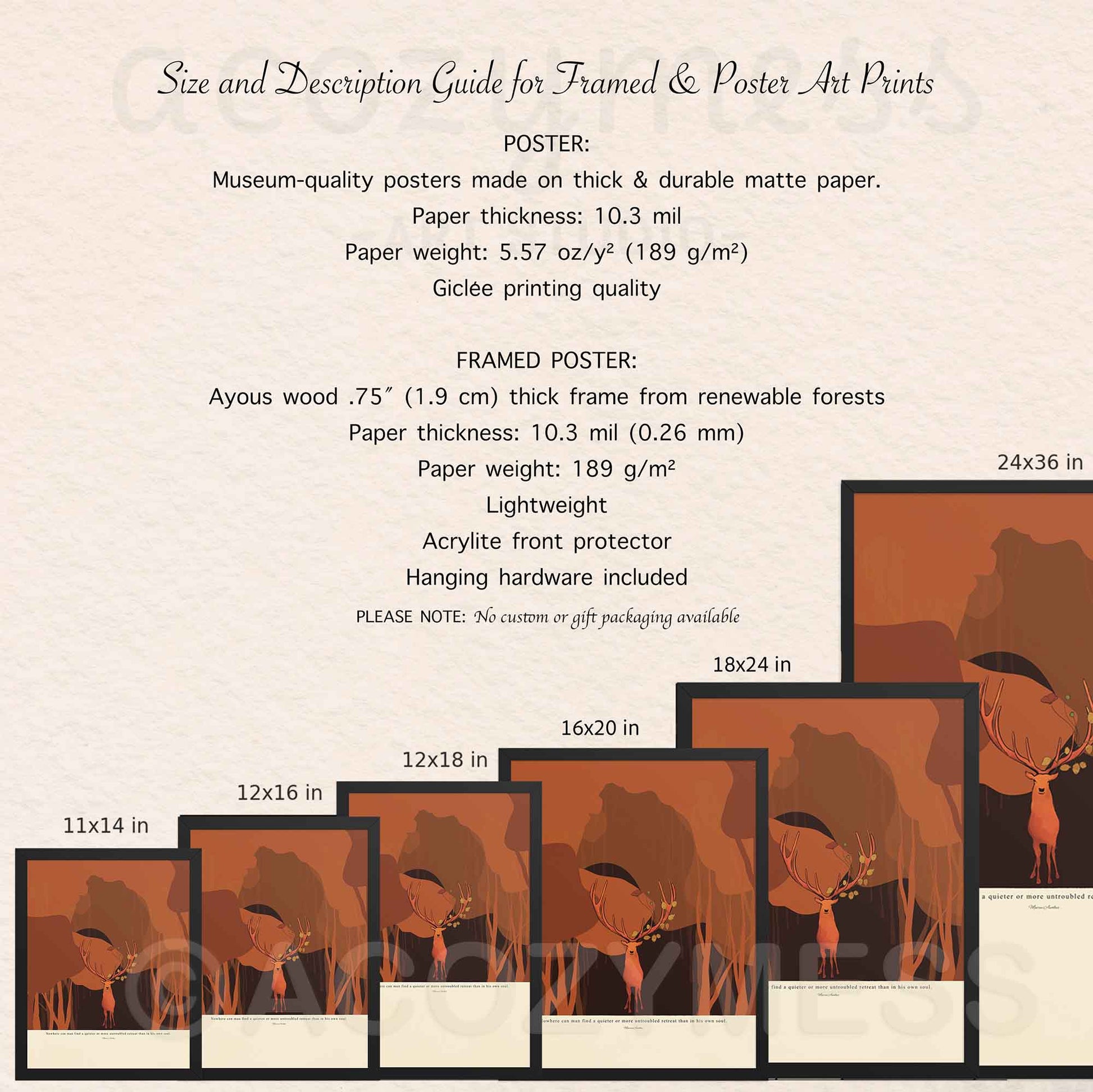 Poster size guide and product details for Marcus Aurelius quote wall art featuring deer in forest design.