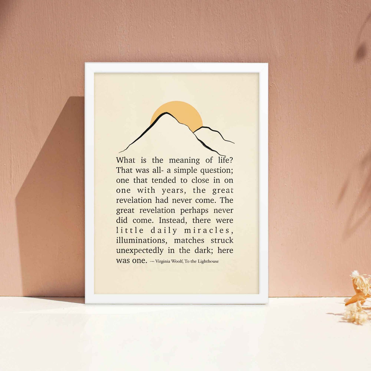 Virginia Woolf quote poster from To the Lighthouse, featuring minimalist mountain and sun illustration, displayed in a white frame.