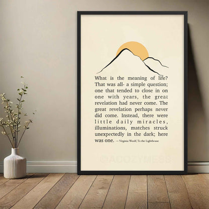 Virginia Woolf poster from To the Lighthouse, featuring minimalist mountain and sun illustration, displayed in a black frame.