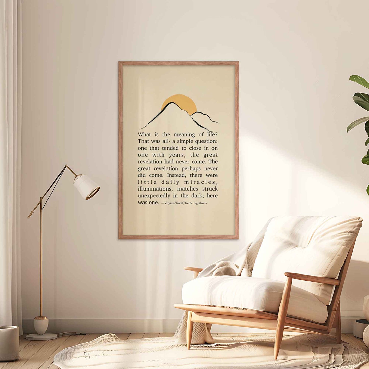 Virginia Woolf poster from To the Lighthouse, featuring minimalist mountain and sun illustration, displayed in a oakwood frame.