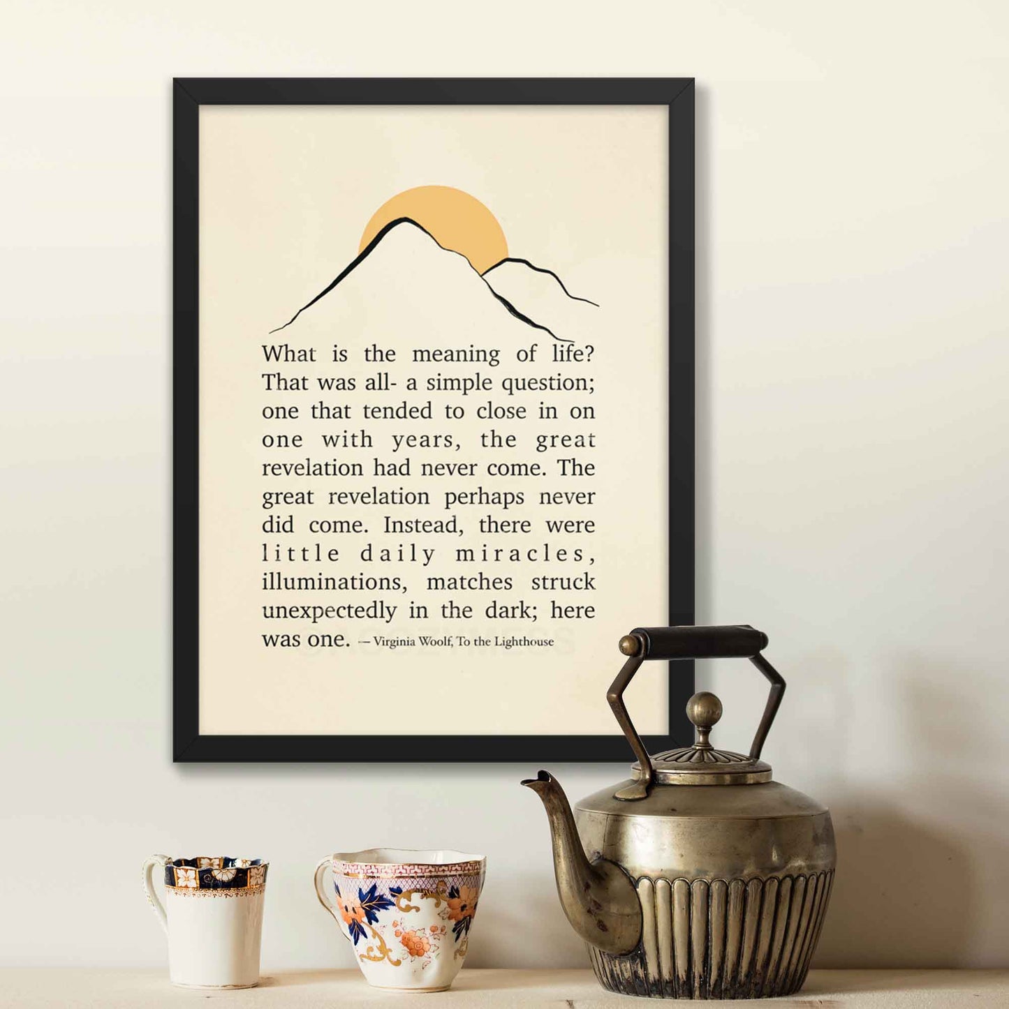 Virginia Woolf print art from To the Lighthouse, featuring minimalist mountain and sun illustration, displayed in a black frame.