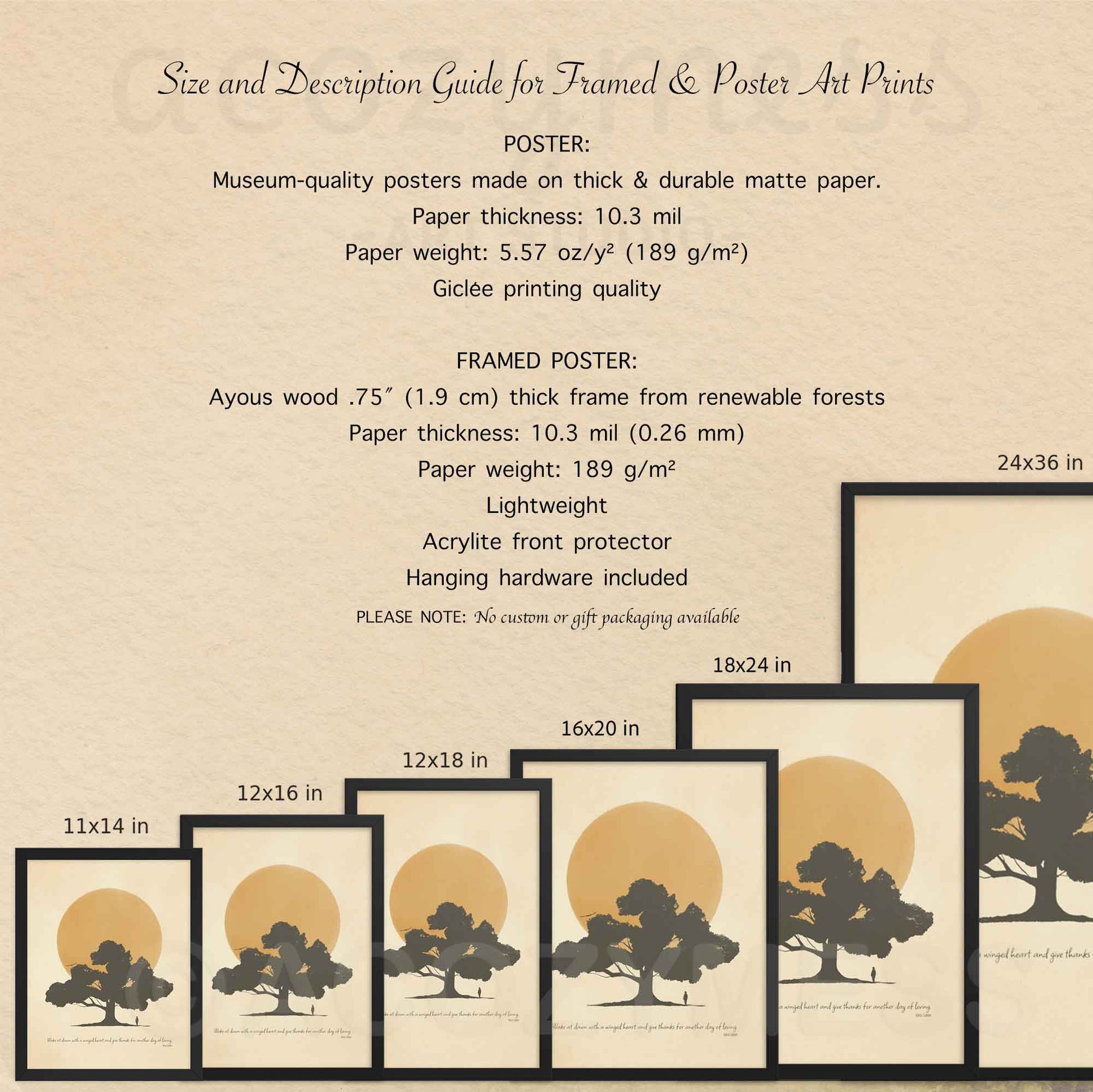 11x14, 12x16, 12x18, 16x20, 18x24, 20x30 framed and unframed Kahlil Gibran poster options description guide