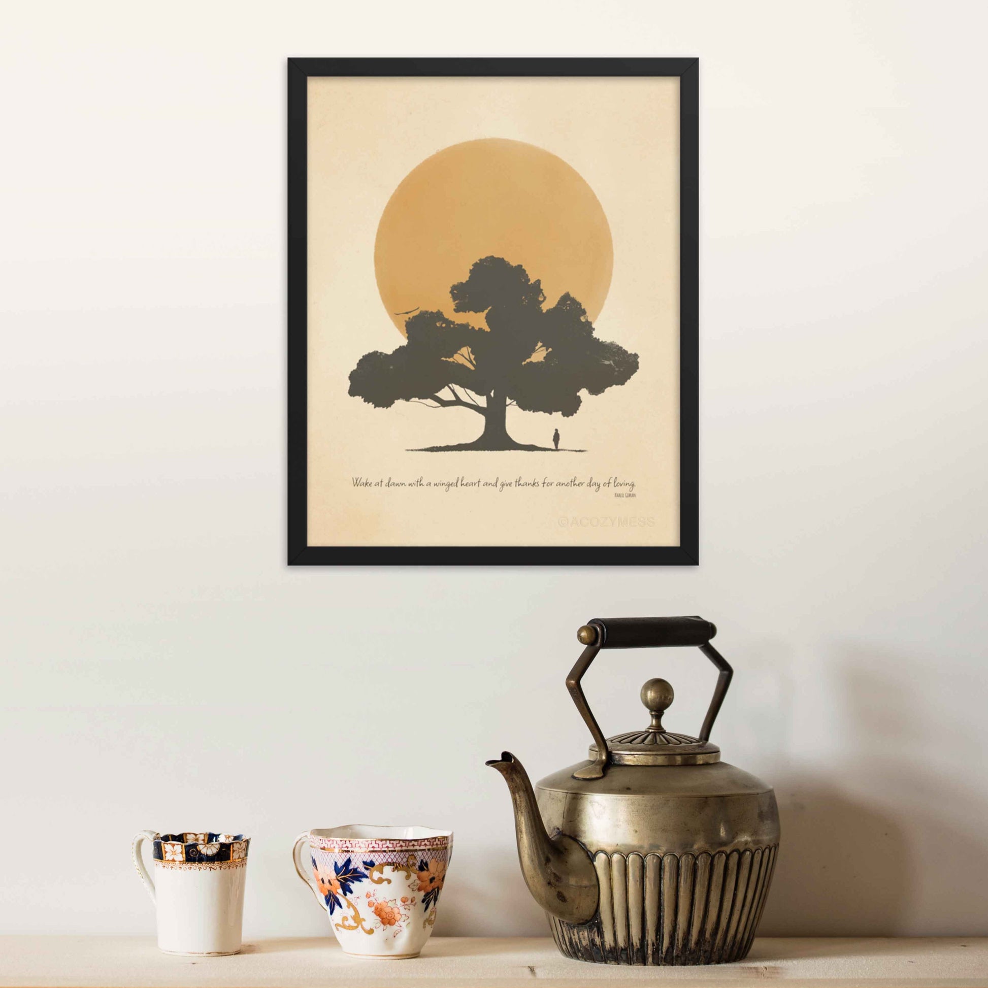 Kahlil Gibran Print with sun and tree art with wake at dawn with a winged heart quote from prophet in black frame.