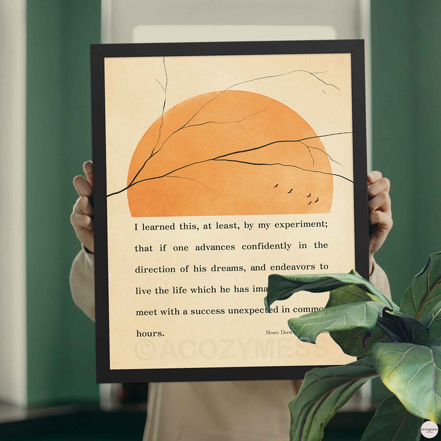 Inspirational literary poster in black frame with birds in open sky and soft beige tones
