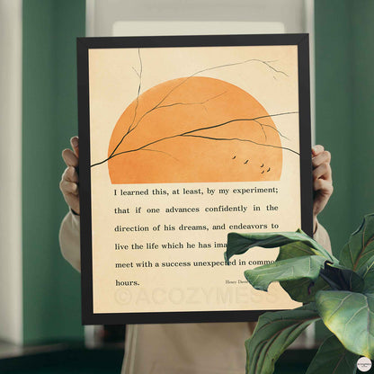 Inspirational literary poster in black frame with birds in open sky and soft beige tones