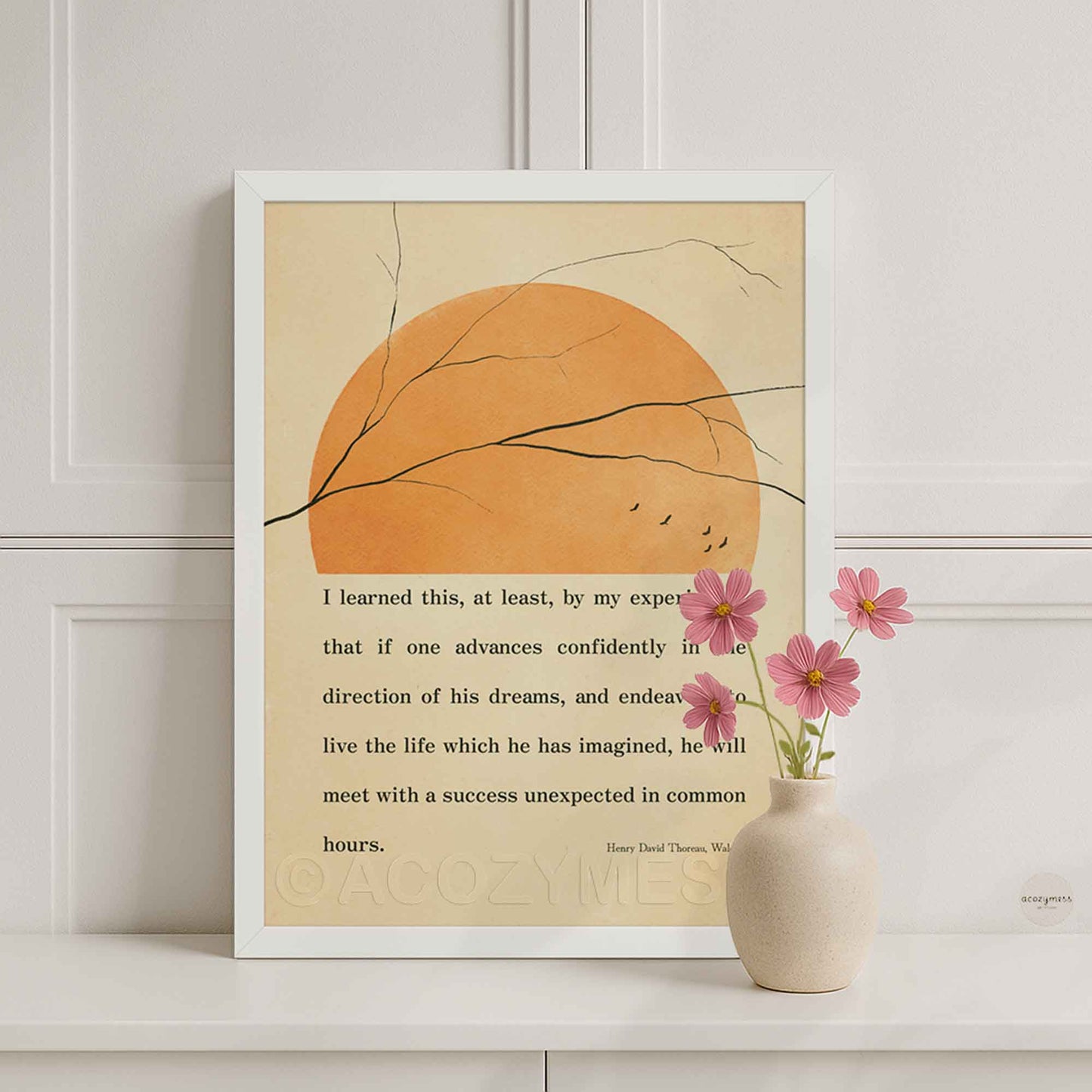 Henry David Thoreau print framed in white with calm nature-inspired design
