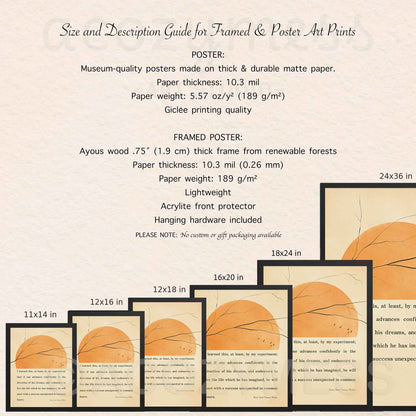 Size and description guide for framed and poster art prints with dimensions and material details.