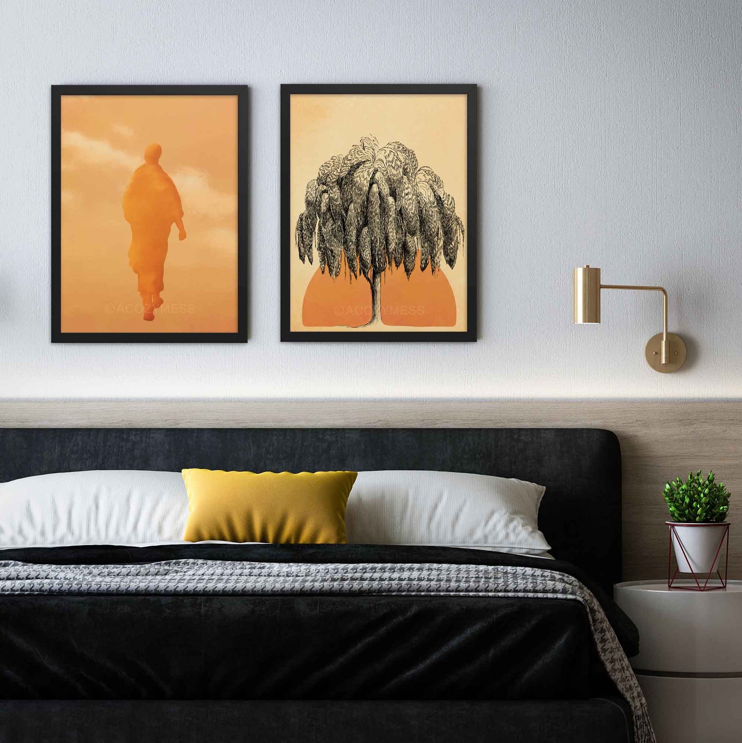 Walking Meditation Art Print and Sun Art Print, designed to create a serene and calming atmosphere in mindful homes in warm orange, yellow and beige colors, both framed in black