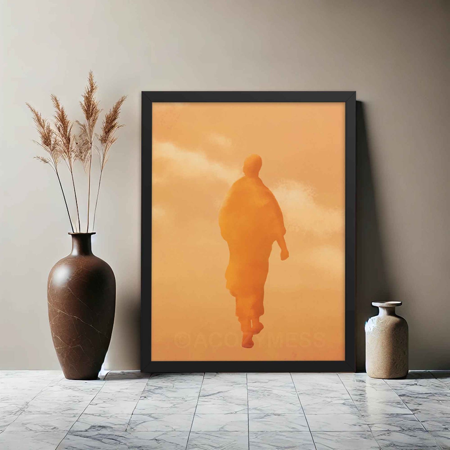 Art print of a monk in walking meditation  in warm orange and yellow hues, capturing serenity and spiritual presence, in black frame.