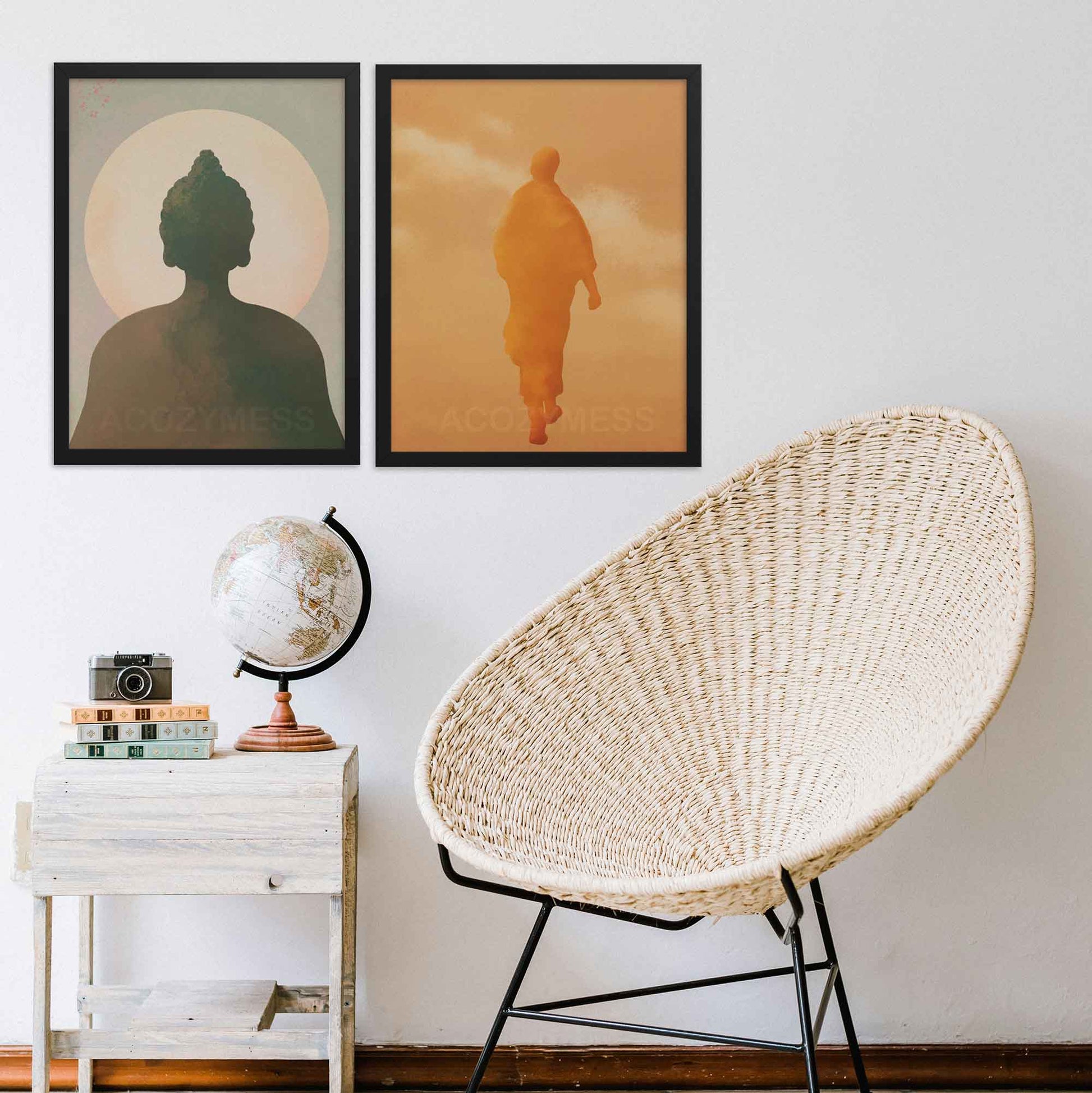 Buddha and moon art poster in earthy green and blue tones, alongside a walking meditation monk in warm orange and yellow hues, both elegantly framed in black.