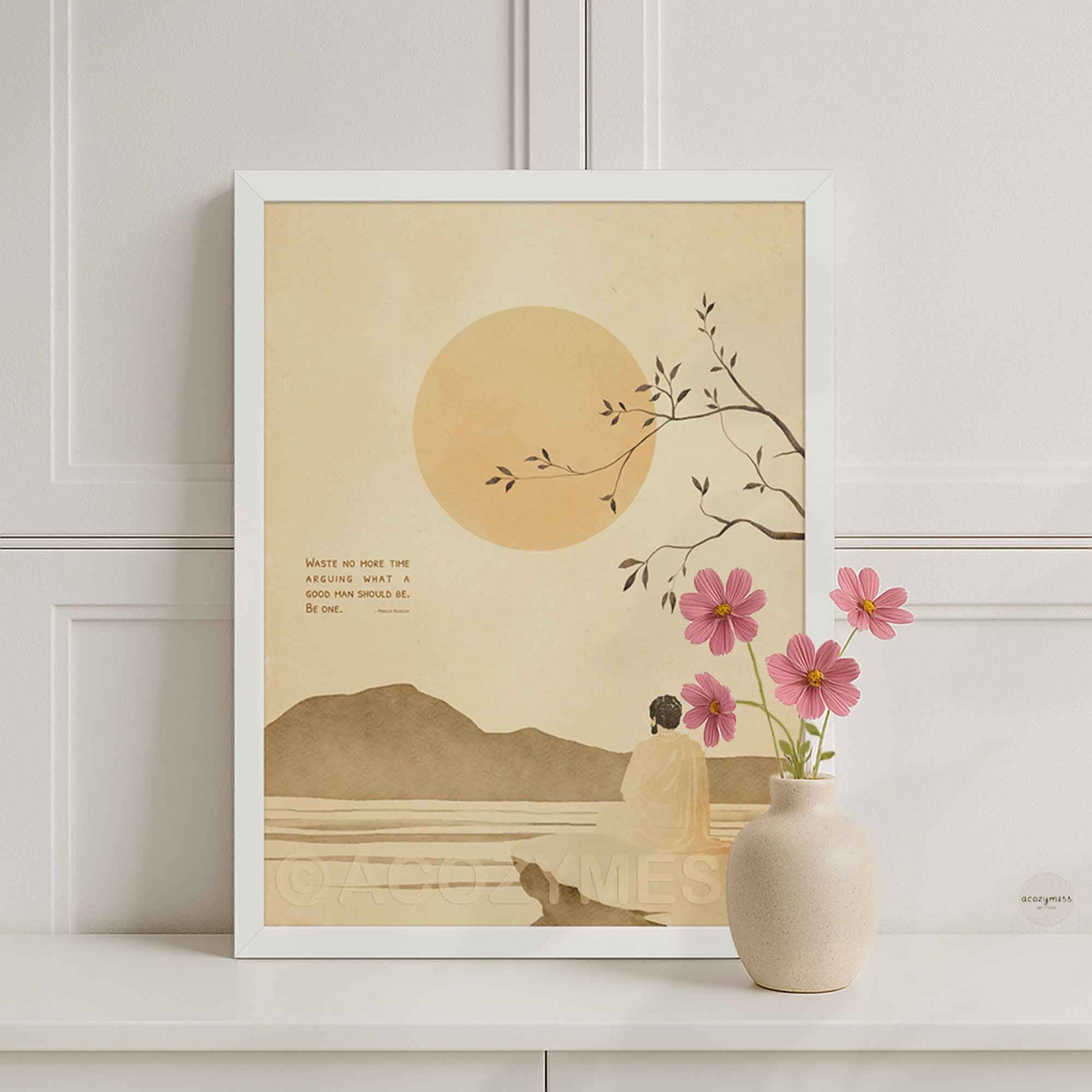 Marcus Aurelius wall art in white frame with Japandi inspired mountains, lake, and sun design