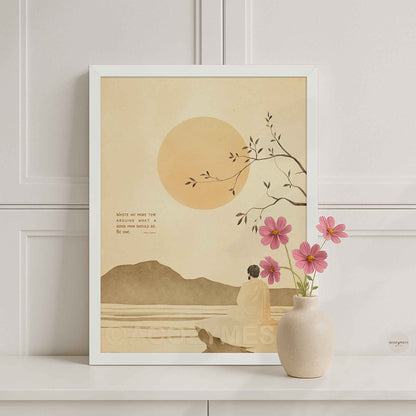 Marcus Aurelius wall art in white frame with Japandi inspired mountains, lake, and sun design