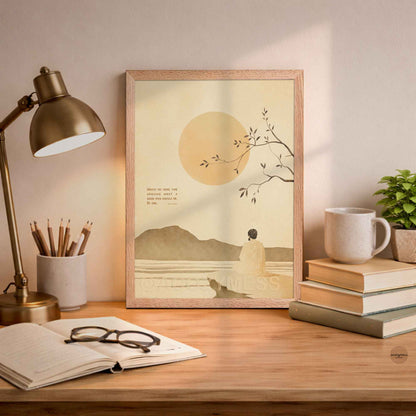 Oakwood Framed Marcus Aurelius print with his quote and an illustration  of a person by a tree with a sunset, placed on a desk .