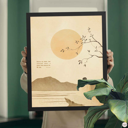 Black Stoic Quote Framed artwork with a minimalist design of a sun, branch, and mountains held by a person.