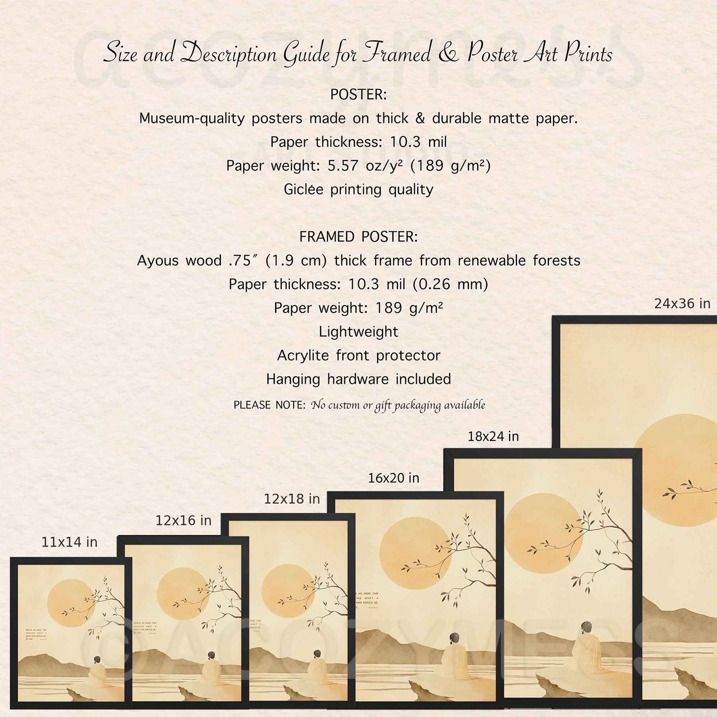 Size and description guide for framed and poster art prints with illustrations of landscapes and abstract designs.