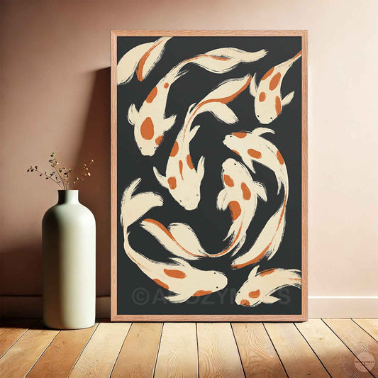 Abstract koi fish artwork in oakwood frame, blending warm wood texture with flowing fish design on dark backdrop.