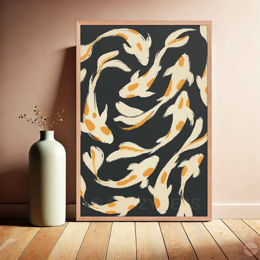 Abstract koi fish artwork in oakwood frame, blending warm wood texture with flowing fish design on dark backdrop.