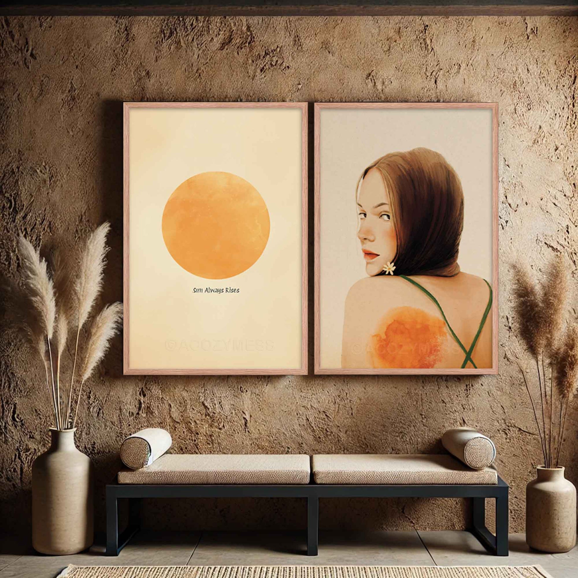 Woman Wall Art in oakwood frame in beige, orange and green. and sun always rises, hope poster.