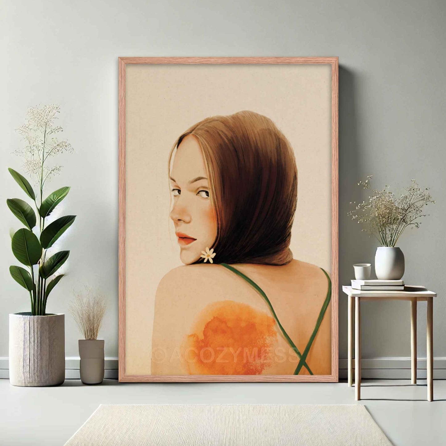 Woman Wall Art in oakwood frame in beige, orange and green.