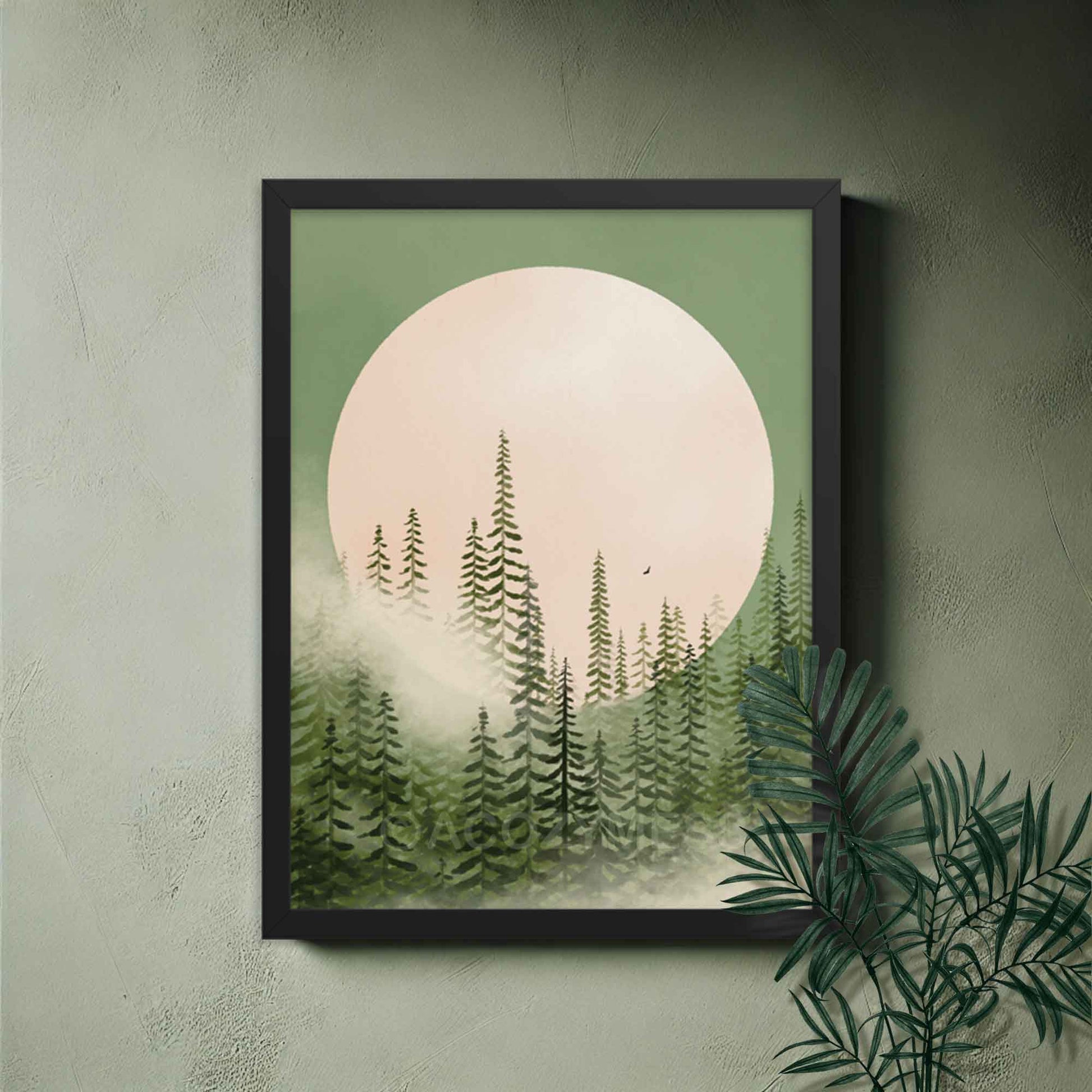 Illustration of a misty pine tree forest in shades of emerald green with a majestic moon in the background, evoking tranquility and natural beauty, framed in black.