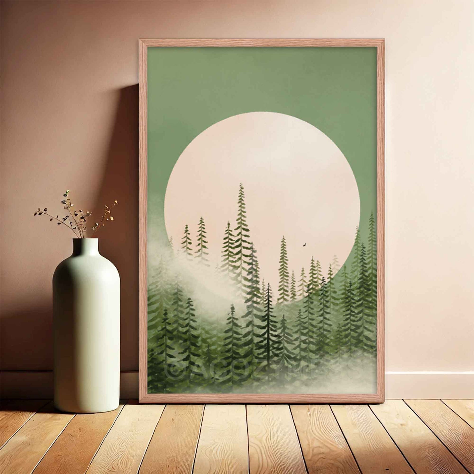 Poster of a misty pine tree forest in shades of emerald green with a majestic moon in the background, evoking tranquility and natural beauty, framed in oakwood