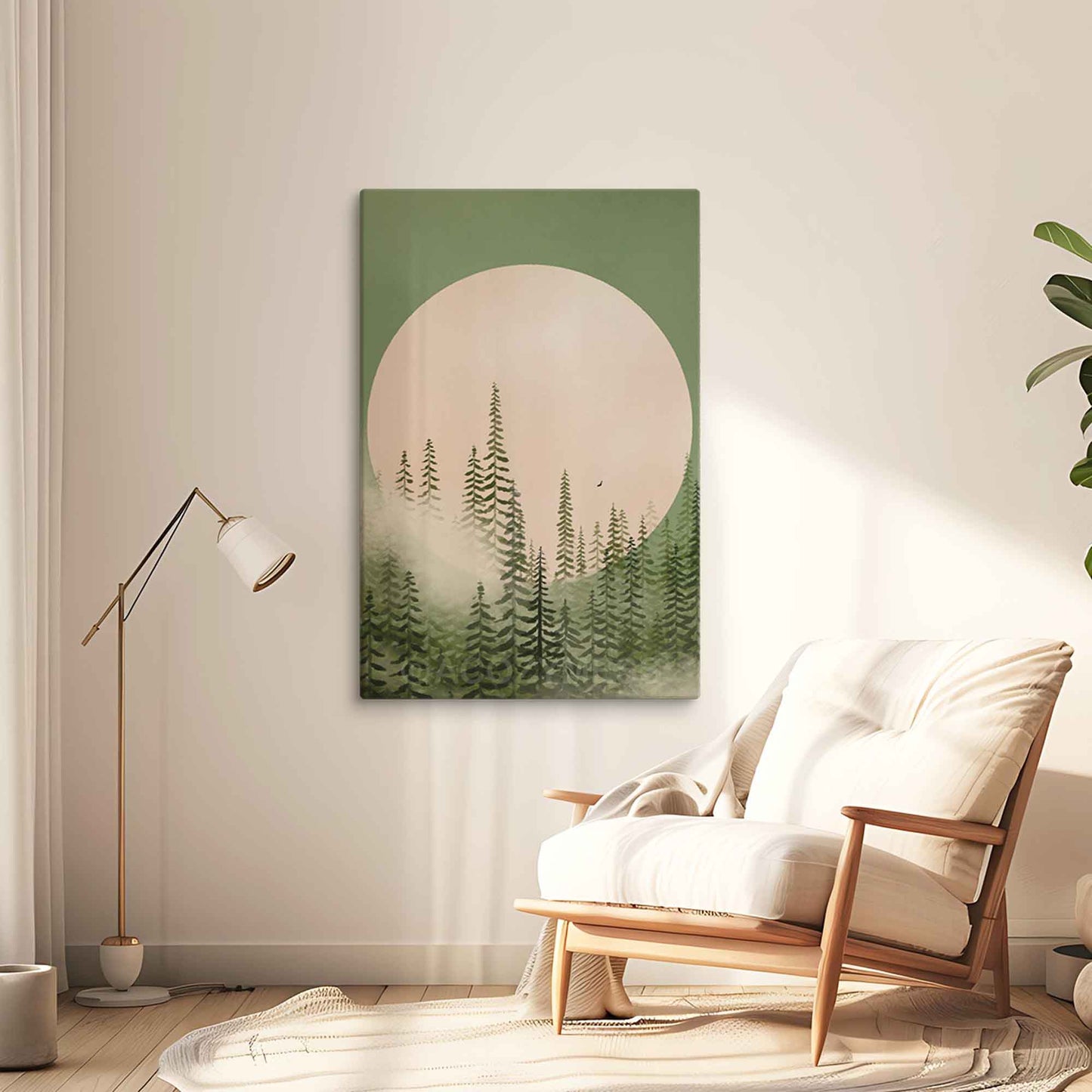 Canvas art print of of a misty pine tree forest in shades of emerald green with a majestic moon in the background, evoking tranquility and natural beauty.