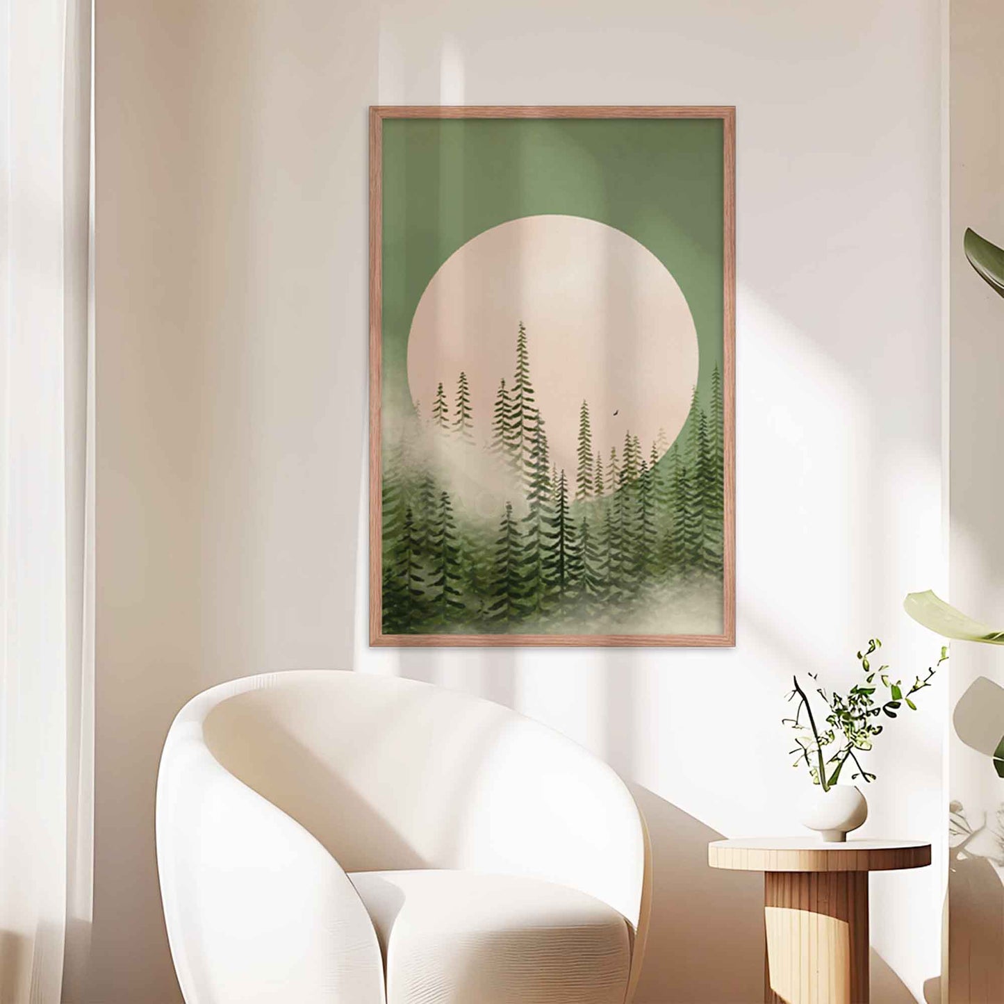 Foggy pine tree forest in shades of emerald green with a full moon in the background, evoking tranquility and natural beauty, displayed in oakwood frame on a wall.