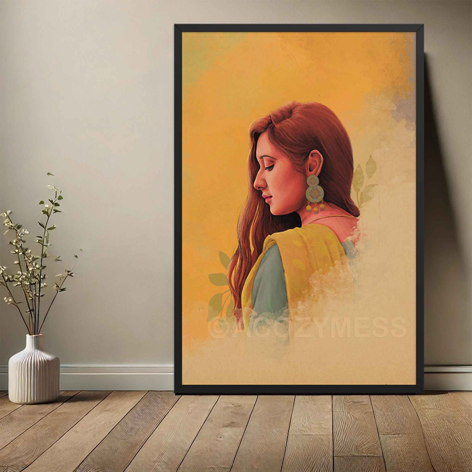 Indian woman with long hair in yellow saree wall art in black frame.