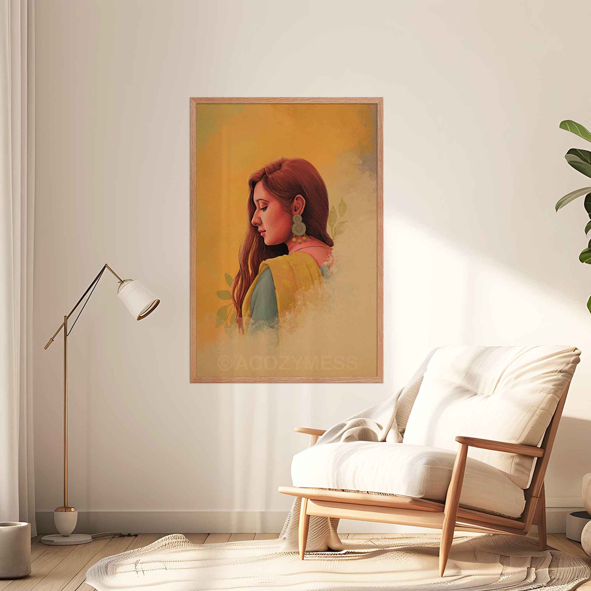 Indian woman with long hair in yellow saree wall art in oakwood frame on a living room wall.