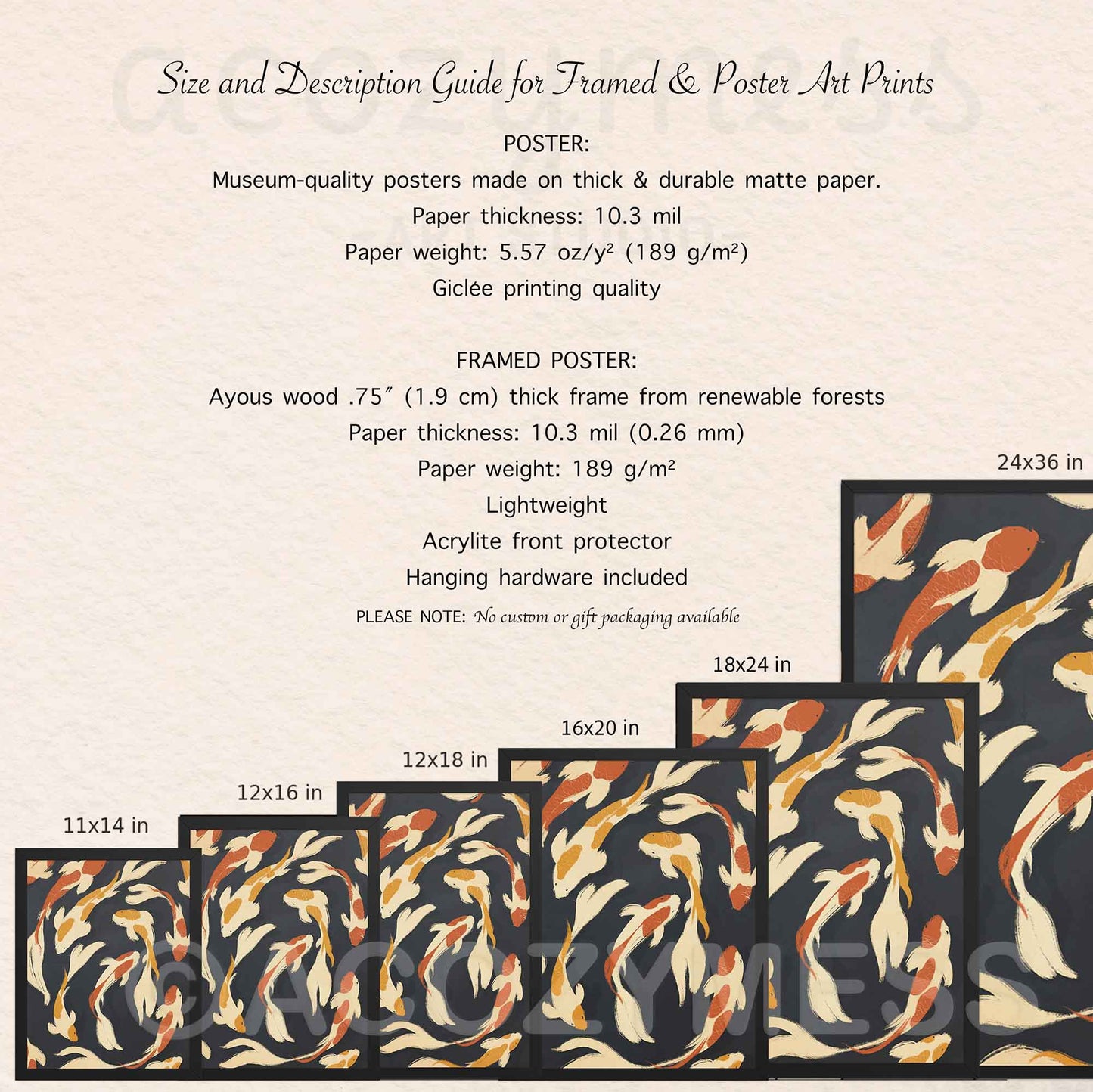 Poster size chart and product details for beige, yellow, and orange fish print on dark blue background, available framed or unframed.