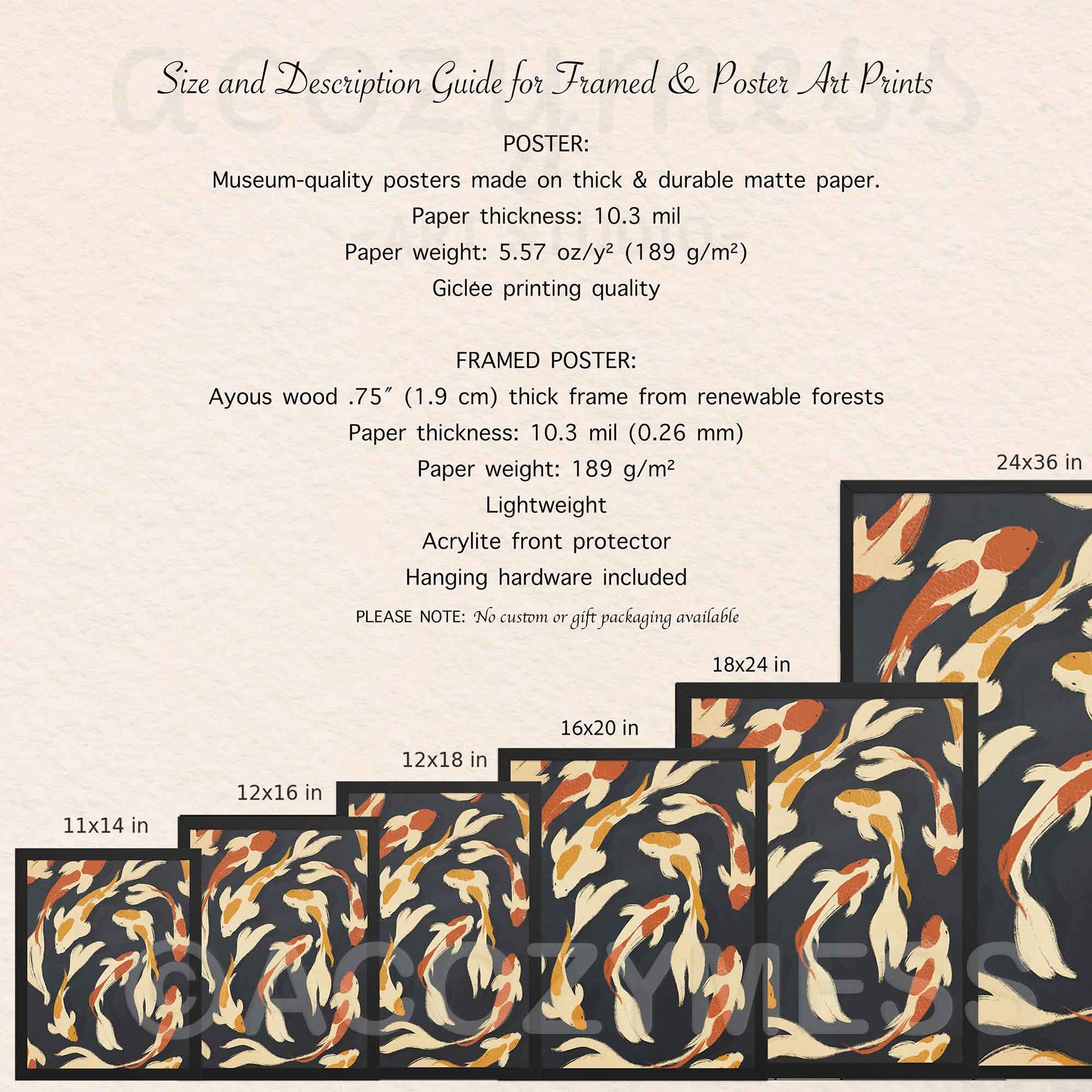 Poster size chart and product details for beige, yellow, and orange fish print on dark blue background, available framed or unframed.