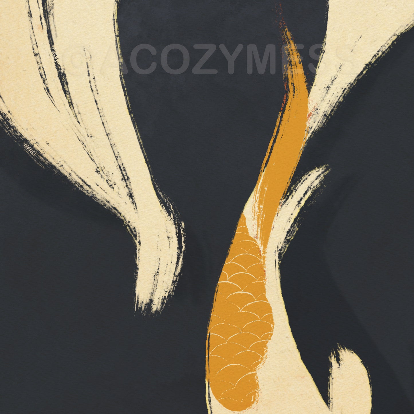 Close-up of flowing fish wall art featuring beige, yellow, and orange fish on a dark blue background, abstract and zen-inspired design.