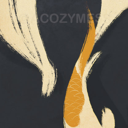 Close-up of flowing fish wall art featuring beige, yellow, and orange fish on a dark blue background, abstract and zen-inspired design.