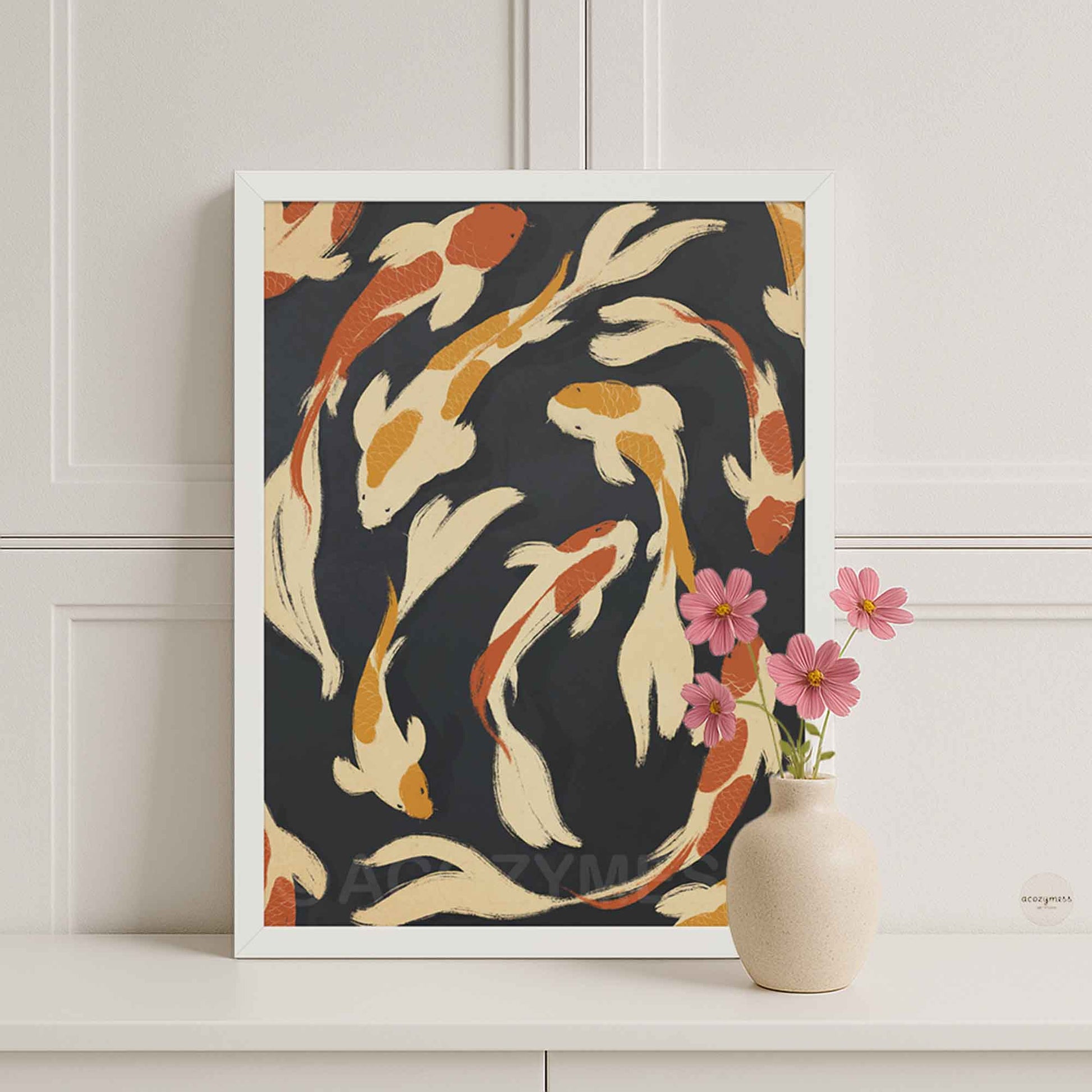 Fish illustration poster in beige, yellow, and orange on dark blue background displayed in a clean white frame for a light, minimalist finish.