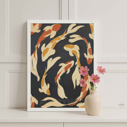 Fish illustration poster in beige, yellow, and orange on dark blue background displayed in a clean white frame for a light, minimalist finish.
