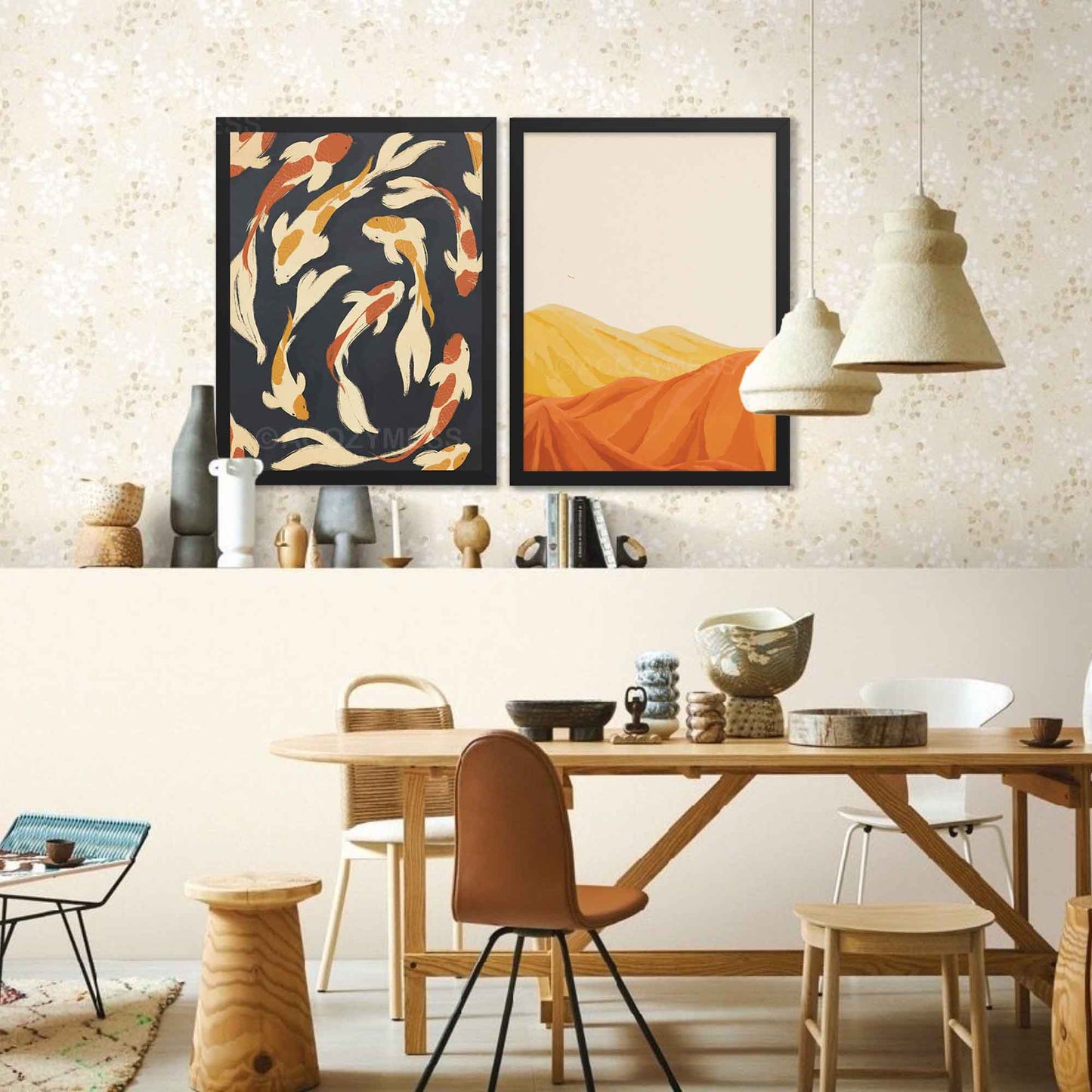Koi fish pond wall art in black frame