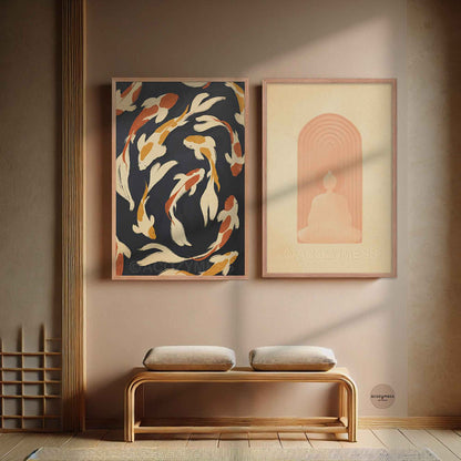 Zen Aesthetic wall art prints in oakwood frames of koi fish pond and buddha
