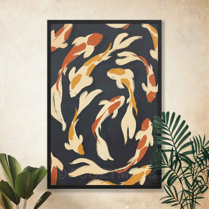 Framed artwork of koi fish on a dark background, displayed on a wall.