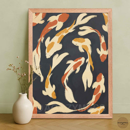 Koi Fish Wall Art – Abstract Flowing Print on Dark Blue Background | Zen Inspired Decor