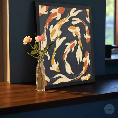 Abstract fish wall art in beige, yellow, and orange on dark blue background shown in a sleek black frame for a bold, modern look.